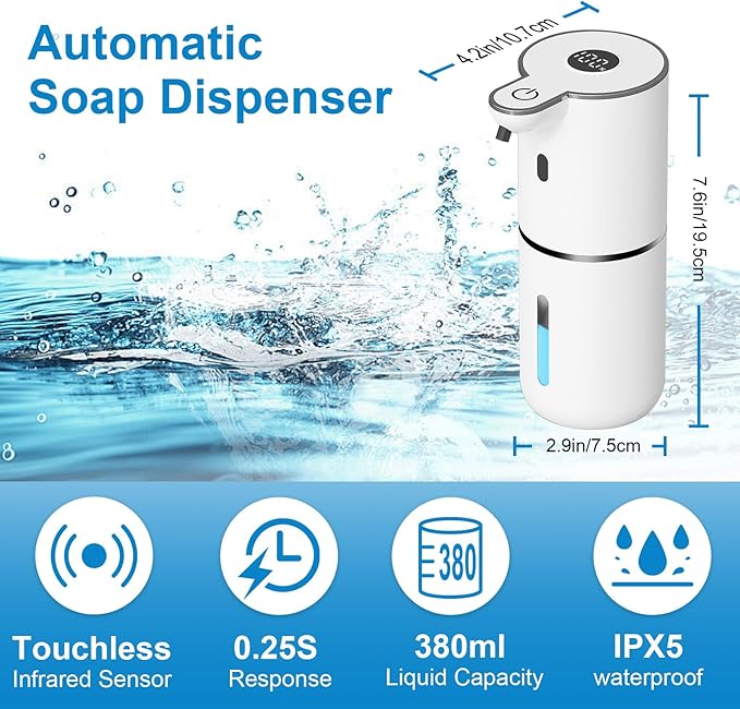 Automatic Liquid Soap Dispenser Touchless, USB Rechargeable Smart Hand Soap Dispenser, 6-Level Adjustable, 12.8oz/380mL Wall Mounted for Bathroom Kitchen Dish Soap