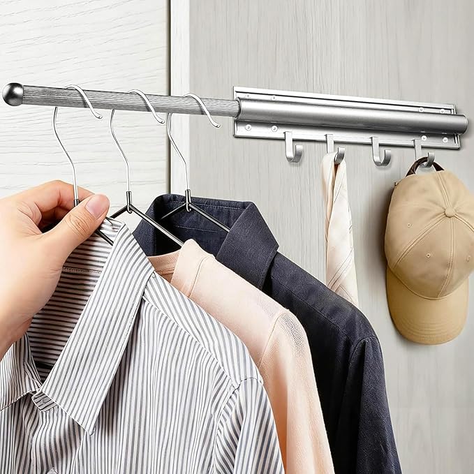 Aluminum Valet Rod, 12 in Heavy Duty Pull Out Closet Valet Rod with 4 Hooks, Adjustable Slide Out Closet Rod, Ideal for Hanging Clothes, Closet Accessories, Easy to Install (Silver)