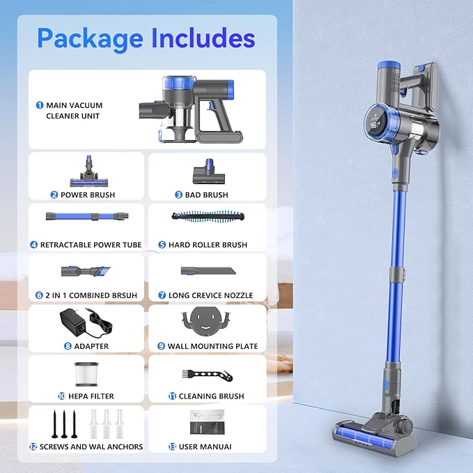 Cordless Vacuum Cleaner, 10-in-1 Lightweight Stick Vacuum with 33 kPa Powerful Suction, 45-Min Runtime, Rechargeable Vacuum Cordless for Home Hard Floor Low-Pile Carpet and Pet Hair