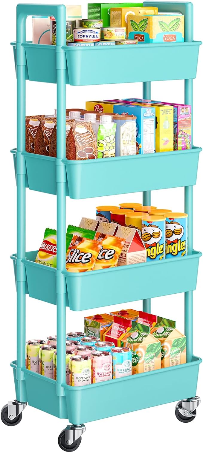 Pipishell 4-Tier Rolling Cart, Plastic Cart with Lockable Wheels & Reinforced Handle, Lightweight Utility Storage for Nursery, Bathroom, Craft Room, PIUC15TB