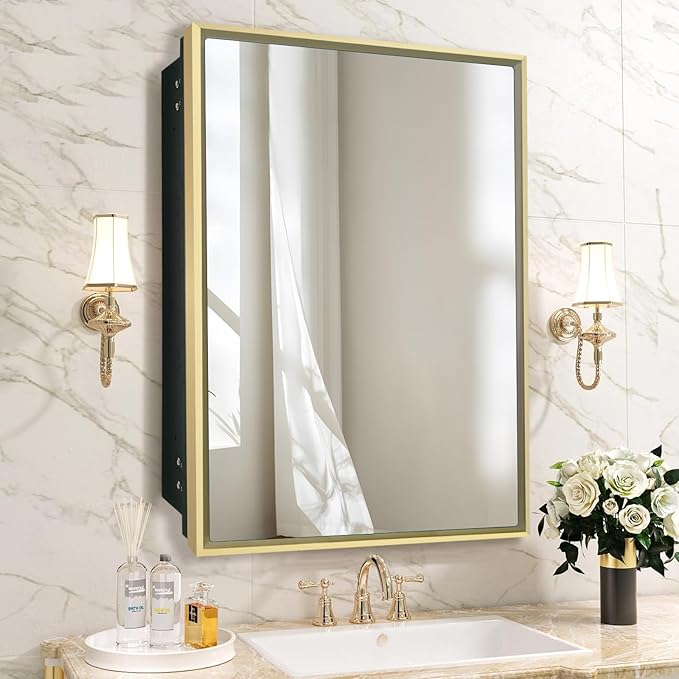 Bathroom Medicine Cabinet with Mirror, Recess or Surface Mount, Single Door Cabinet Famerhouse Bathroom Mirror with Storage Cabinet (Brush Gold, 16"x26")