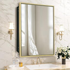 Bathroom Medicine Cabinet with Mirror, Recess or Surface Mount, Single Door Cabinet Famerhouse Bathroom Mirror with Storage Cabinet (Brush Gold, 16"x26")