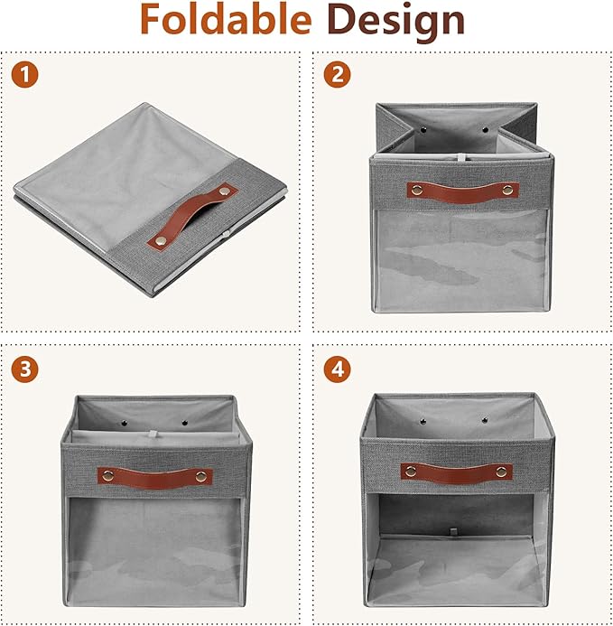Storage Cube Organizer with Clear Window, Linen Collapsible Storage Boxes with PU Handles, Cube Storage Bins for Shelf, Closet, Cabinet, Bookcase (10.5x10.5x11, Gray)