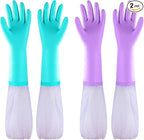 Elgood Reusable Long Sleeve Dishwashing Cleaning Gloves with Latex Free,Cotton Lining,Kitchen Gloves 2 Pairs,Purple+Blue L