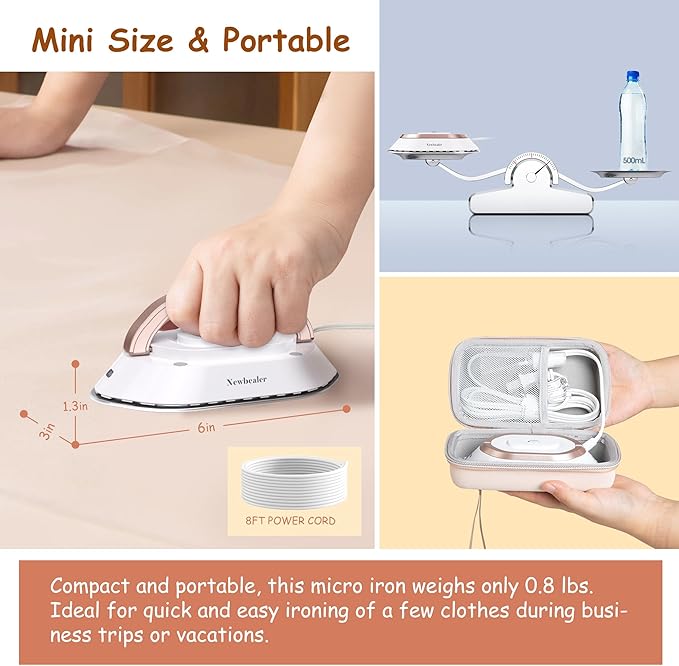 Newbealer Travel Iron with Global Voltage, 100-240V Mini Dry Iron for Clothes (No Steam), Max 300W, 60s Heat Up, 302℉ Non-Stick Ceramic Soleplate, 0.8lbs (Gold with Hard Case)