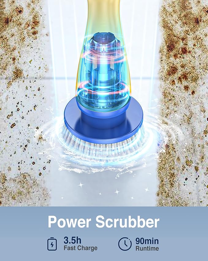 LABIGO Electric Spin Scrubber LA1 Pro, Cordless Spin Scrubber with 7 Replaceable Brush Heads and Adjustable Extension Handle, Power Cleaning Brush for Bathroom Floor Tile Yellow