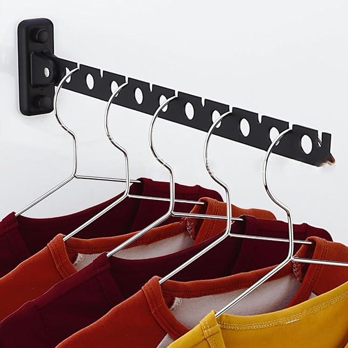 ACNISM Wall Mounted Clothes Rack, Laundry Room Hanging Rack, Retractable & Foldable Drying Rack with 180° Rotation, Space-Saver for Laundry Room & Bedroom, Bathroom Closet Storage, 2-Pack, Black