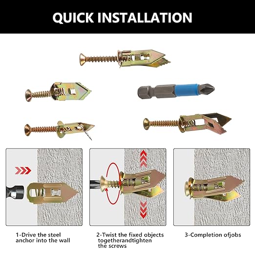 Self-Drilling Wall Anchor Screws Set, 400 Pieces, 4 Sizes, No-Drill Installation Kit with Zinc Plated Steel Dry Wall Screws no Drilling Required, Easy to Install (400)