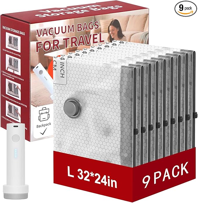 Rechargeable Wireless Pump Travel Storage Bags Set for Travel & Home, 9 Pack (9L) Portable Space Saver Bags for Clothing Suitcase Backpack, Vacuum Compression Packing Seal for Clothes, Home Storage