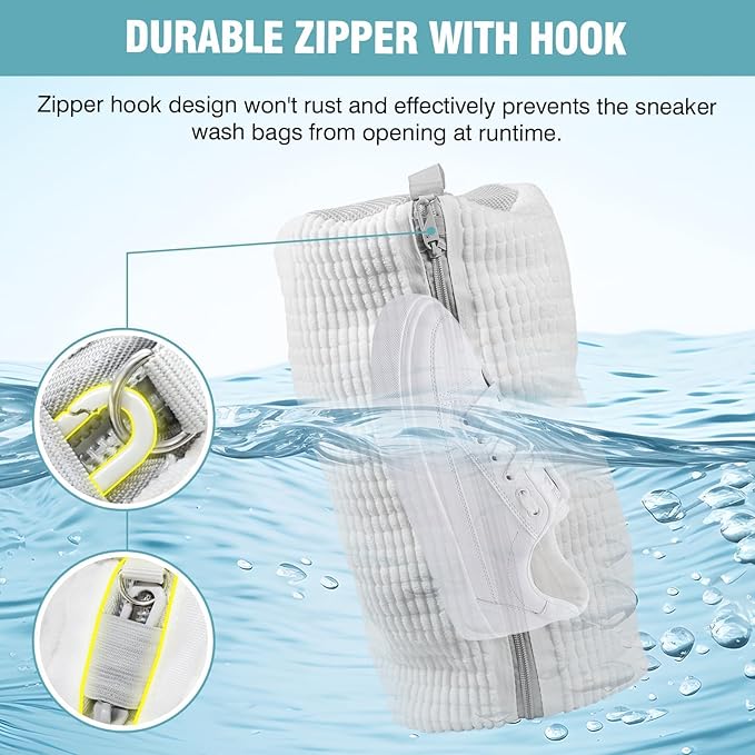 Shoe Washing Machine bag, Shoe Laundry Bag for Washer and Dryer, Include Dry Net Bag, Reusable and Durable Zipper with Hook Design, Shoe Washing Bag for Sneaker (White, 2PCS)