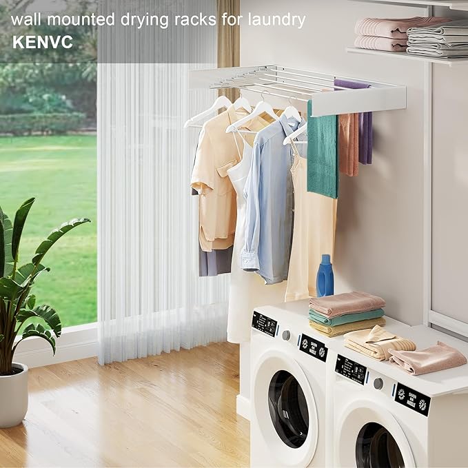 Wall Mounted Drying Rack, 31.5 "Wide, 13.2 Linear Ft, 5 Aluminum Rods, 40 lb Capacity, Space Saver Laundry Drying Rack Collapsible (Silvery Pole 31.5" Medium)