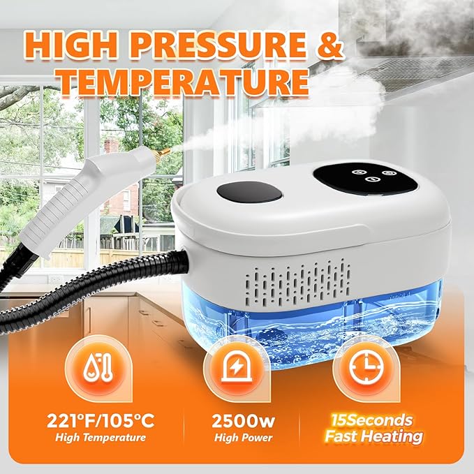 Steam Cleaner, 2500W Pressurized Steamer for Cleaning, Multi-Purpose Steamer for Home, Handheld Steam Cleaner, 15s Fast Heating Car Steamer, Portable Steam Cleaner for Kitchen, Bathroom, Tile (White)