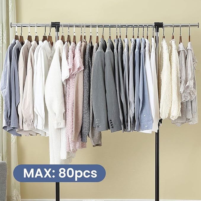 LiaMeE Adjustable Clothing Rack for Hanging Clothes, Heavy Duty Garment Rack with Wheels，Free Standing Rolling Clothes Rack with Shelf & Grid, Easy Assembly Standard Rod, Black & Chrome