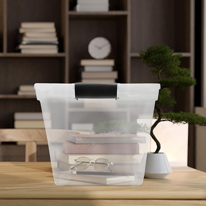 HOMZ 4-Pack Latching Lid, Large Clear Plastic Storage Bins with Lids, 31 Quart, Gray Latch - Stackable Container Boxes for Home, Bathroom, and Office Organization