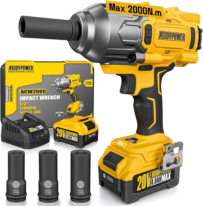 ALLOYPOWER Cordless Brushless Impact Wrench, 1475 ft-lbs (2000N.m), 1/2 High Torque power impact gun, 3-Mode Speed, 4000mAh Battery, 3 Sockets, Electric Impact Wrench Set for Car Tire Truck RV Mower