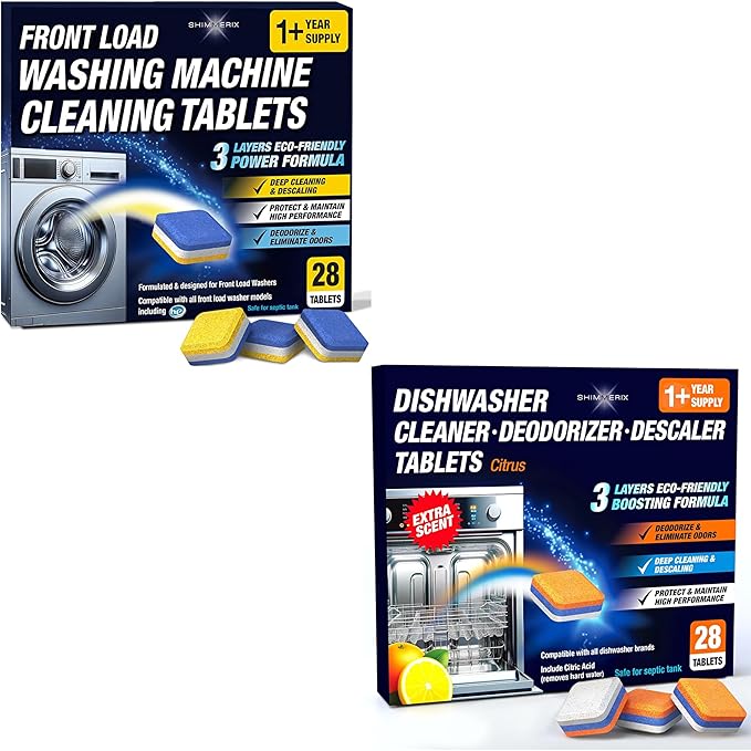 Washing Machine Cleaner Tablets Front Loader 28 Pack & Dishwasher Cleaner Deodorizer Descaler Tablets 28 Pack Bundle - 1 Plus Year Supply - Septic Safe Eco Friendly Formula