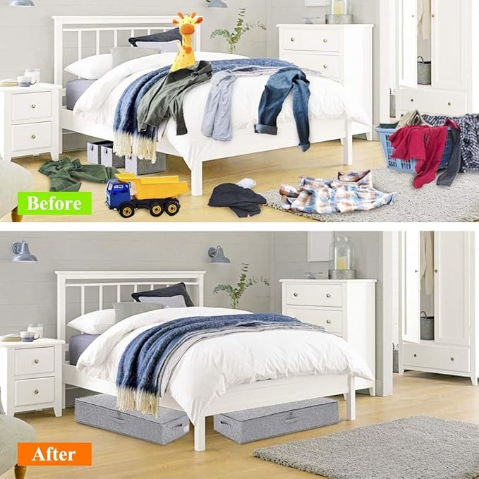 punemi Under Bed Storage, 3 Pack Underbed Storage Container Bags With Lid, Foldable Sturdy Clothes Storage Drawer Organizer W/ 3 Handles, Ultra Thick Fabric Blanket Shoe Storage Box, Grey
