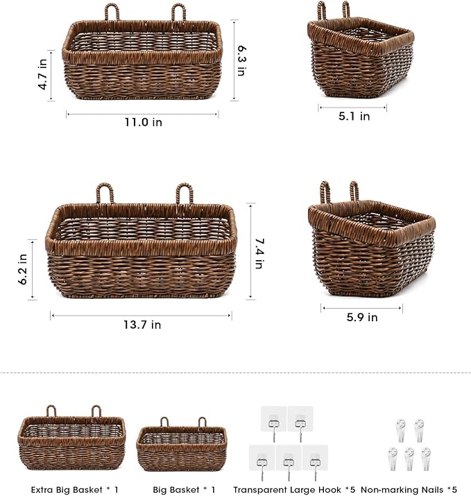 AceList Wall Hanging Basket, Boho Style Hand-Woven Hanging Storage Baskets - Set of 2, Ideal for Boho Room Decor, Kitchen, Garden, and Living Room(Brown)