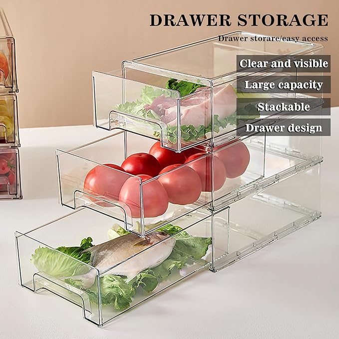 MANO 2Pack Clear Fridge Drawers Pull Out Stackable Refrigerator Drawer Organizer Bins Pantry Storage Box Plastic Food Containers for Kitchen Bathroom Office Closet (Large)