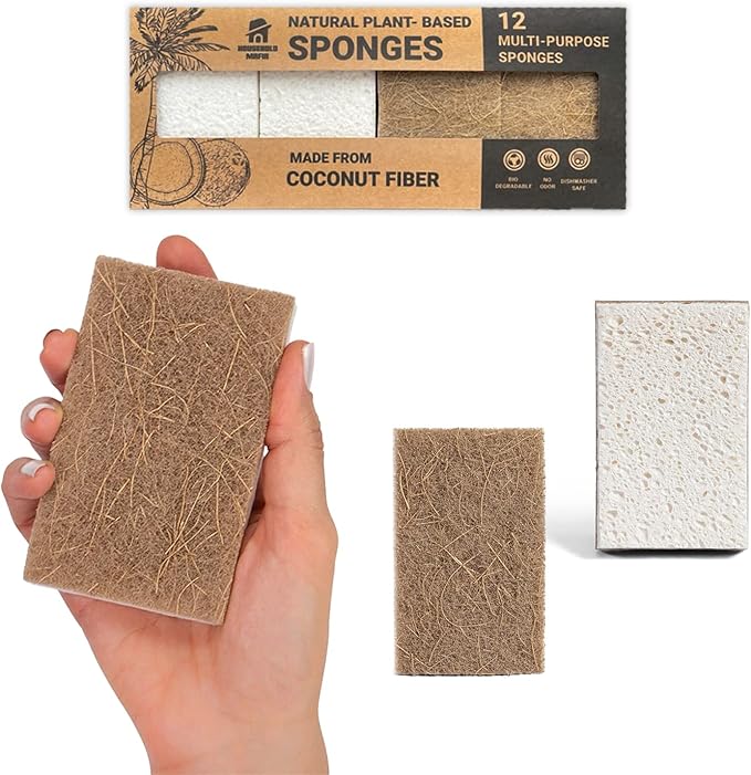 Biodegradable Natural Kitchen Sponge - Compostable Cellulose and Coconut Scrubber Sponge - Pack of 12 Eco Friendly Sponges for Dishes