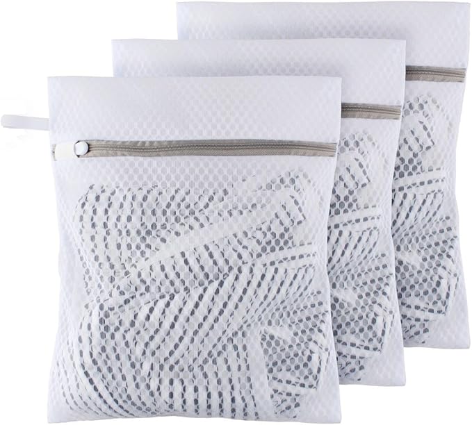 Small Honeycomb Lingerie Bags with Hanging Loop- MDSXO 3 Pack Mesh Laundry Bags for Washing Delicates, White Wash Bags for Socks, Bra, Mask, Baby Clothes 10 * 12 inch [3 Pack]
