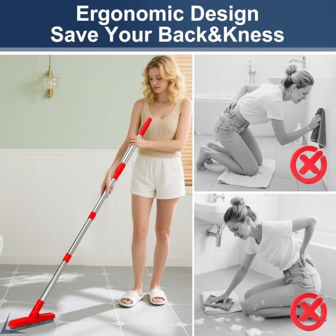 ITTAHO 2 Pack Grout Brush with Long Handle, Swivel Cleaning Grout Line Scrubber - Extendable Durable Handle Grout Cleaner Brush for Bathroom,Tile,Baseboard,Walk in Shower,Corner & Narrow Space (Red)