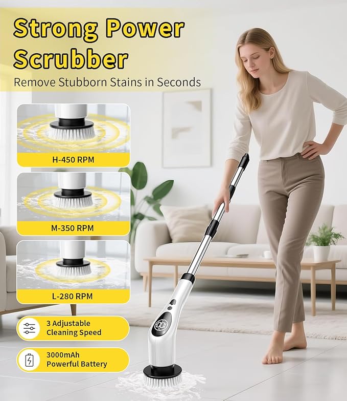 Electric Spin Scrubber,Cordless Cleaning Brush,Shower Scrubber with 9 Scrub Brush,3 Speed,Adjustable Extension Handle,Power LED Display, Voice Broadcast,Power Scrubber for Bathroom Kitchen Cleaning
