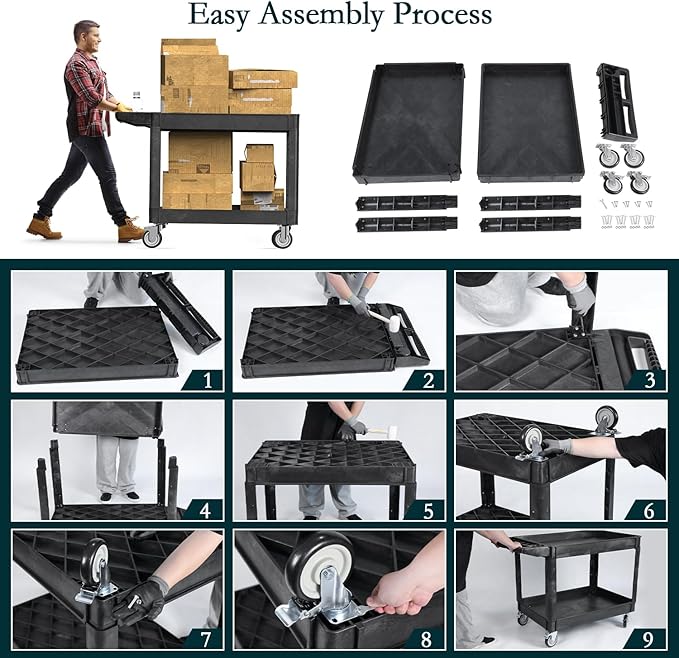 Heavy Duty Cart Utility Cart, Heavy Duty Rolling Service with Wheels, 500lbs Load Capacity, Durable Plastic & Deep Shelves for Warehouse, Garage, Cleaning - Swivel Wheels Easy Maneuverability