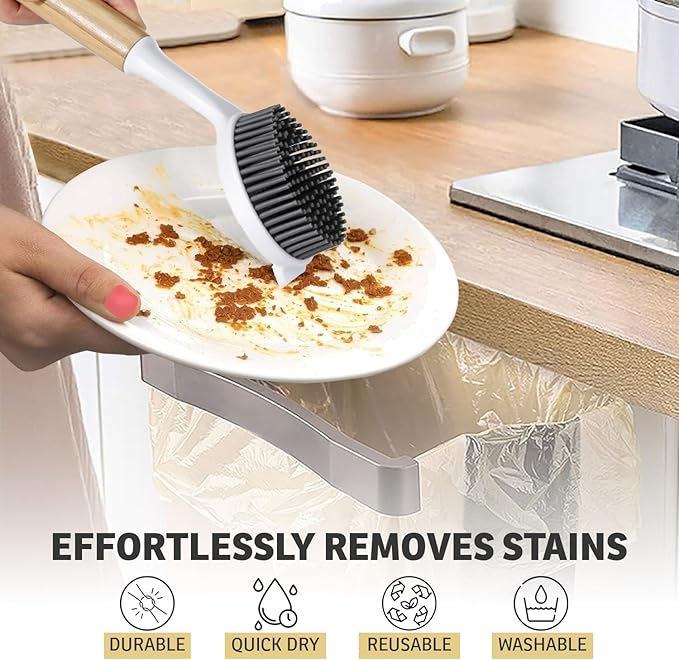 Bamboo Dish Brush with Handle – Wooden Scrub Brush for Cast Iron, Sink, Pots & Dishes – Kitchen Dish Washing Brush with Nylon Bristles – Durable Dish Scrubber for Cleaning