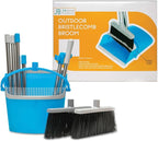 BristleComb Outdoor Broom & Dustpan Set Upright, 49" Long Adjustable Broom, Long Handle, Self-Cleaning Comb & 2 Interchangeable Heads of Different Stiffness - Medium and Coarse