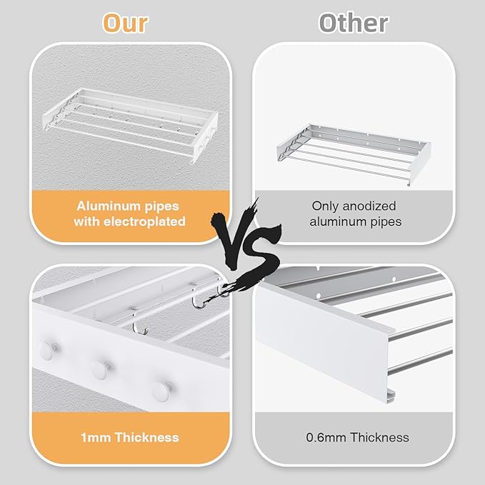 Drying Rack Clothing,Clothes Drying Rack Wall Mounted,Laundry Drying Rack Wall Mount,Foldable,Collapsible,60 lb Capacity 5 Aluminium Poles with 12 Hooks (White, 31.5" Upgrade)