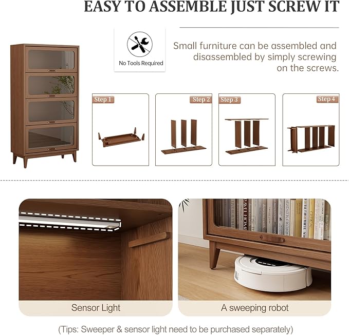 Solid Wood Bookcase 4-tire with Tempered Glass Flip-Up Doors,60Hx32Dx13.7W Bookshelves Finish Cube Storage Organizer,Bookshelf Versatile Pantry Cabinet for Living Room Home Office