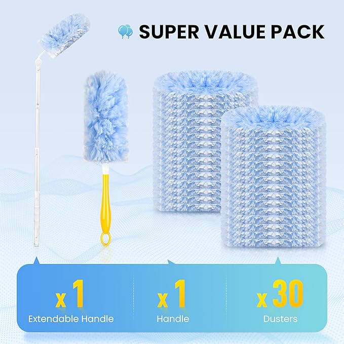30 Count Heavy Duty Disposable Microfiber Duster Refills - Compatible with Swiffer, 1 Short Handle and 1 Extendable Handle