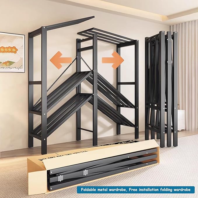 Heavy Duty Covered Clothes Rack with Magnetic Door Foldable Portable Wardrobe Closet for Hanging Clothing Rolling Black Metal Garment Rack on Wheels Closet System (Dragon Sandalwood, 74.7in)