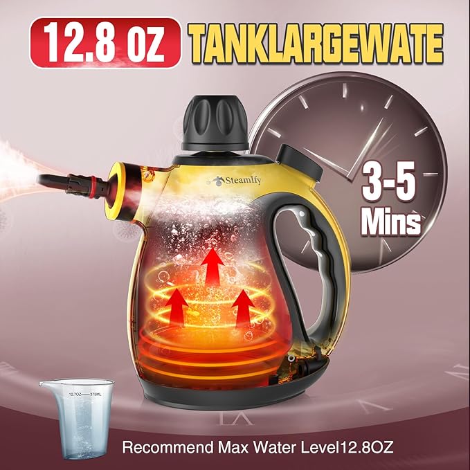 Pressurized Handheld Steam Cleaner for Home, Multi-Surface Steamer with 12 Accessories, 12.8oz Natural Steamer for Cleaning Car, Bathroom, Shower, Upholstery, Grout, Window, Grease