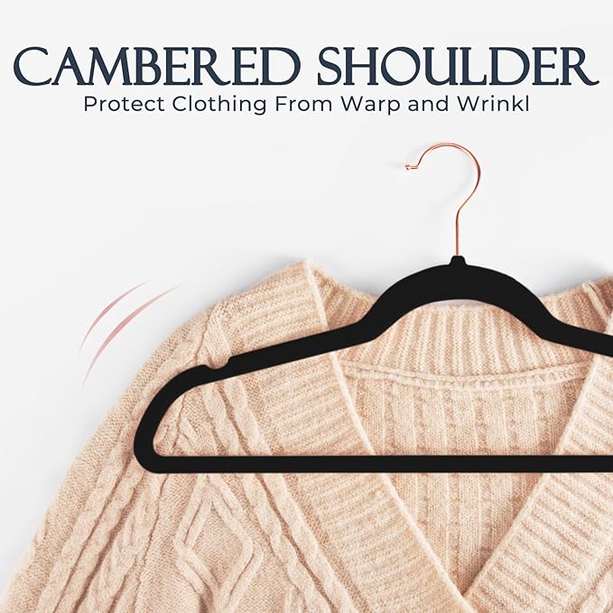 HOUSE DAY Black Velvet Hangers 20 Pack, Premium Non-Slip Felt Clothes, Sturdy Heavy Duty Coat, Durable Hangers for Suits, Space Saving with No Hanger Mark, 360° Swivel Rotating Rose Gold Hook