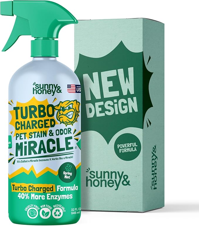 Sunny & Honey Carpet Cleaner Spray - 32 Fl Oz, Spring Mint - 40% More Enzymes & Carpet Stain Remover - Pet Urine Enzyme Cleaner & Floor Deodorizer - Pet & Kid Safe Rug Cleaner