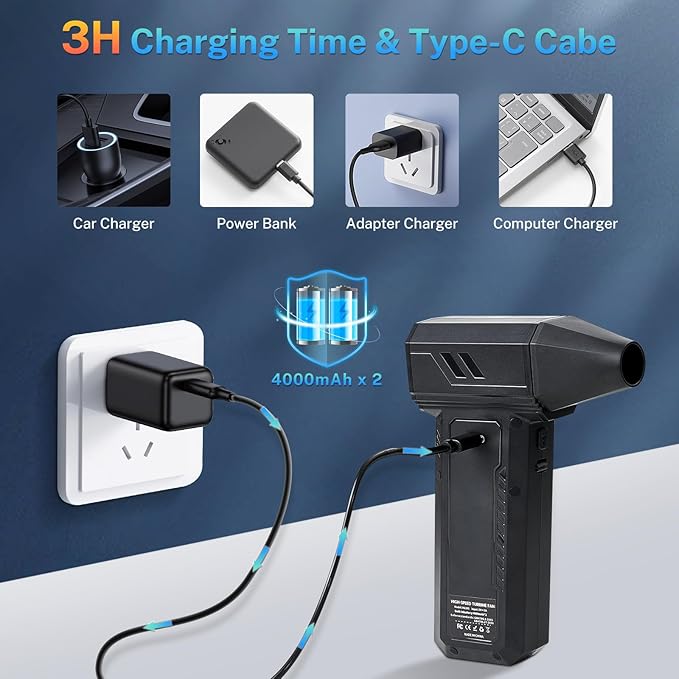 2-in-1 Electric Compressed Air Duster & Car Vacuum Cleaner - 130000RPM High Power Air Blower with LED Light 100-Gear Rechargeable Strong Keyboard Cleaner for PC, Laptop, Home, Car - Black