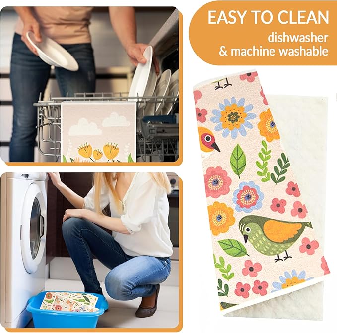 6 - Pack Swedish Kitchen Dish Cloths - Reusable Paper Towels for Counters & Dishes - Eco Friendly Cellulose Sponge Cloth - Assorted (Broken Flowers)