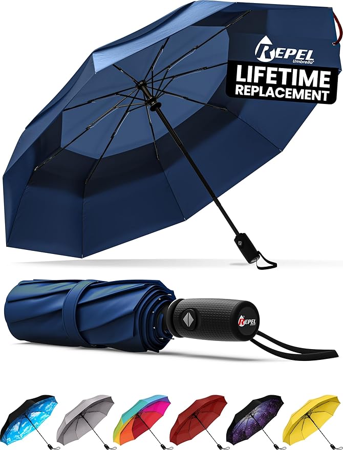 REPEL Windproof Travel Umbrella - Compact & Withstands Winds up to 85MPH , Strongest Premium Auto Folding Umbrella for Rain and Sun - Durable, Light & Portable for Women & Men , Fits Backpack & Cars