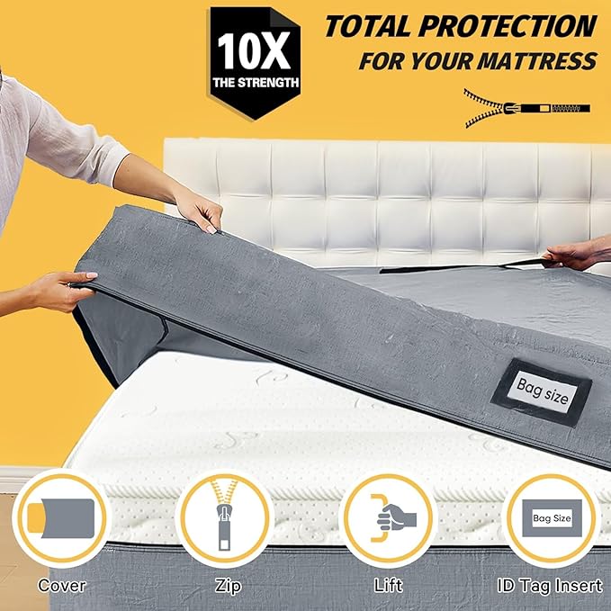 Mattress Bags for Moving and Storage, BETU Full Size Waterproof Mattress Protector Mattress Cover with 8 Heavy Duty Handles and Zipper Extra Thick Moving Supplies for Bed Reusable (77x57x13.5 Grey)