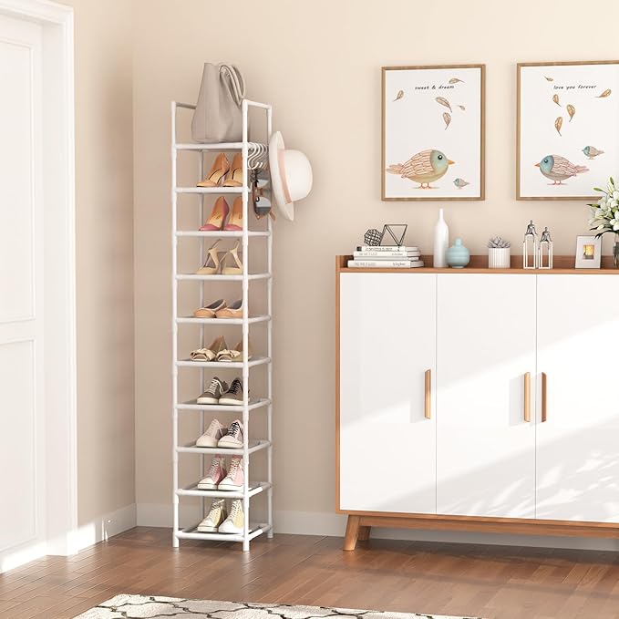 LANTEFUL Tall Narrow Shoe Rack 10-Tier Skinny Shoe Shelf Storage for 10-15 Pairs Shoes and Boots, Space Saving Corner Shoe Rack Organizer for Closet, Entryway, Garage, Living Room,White