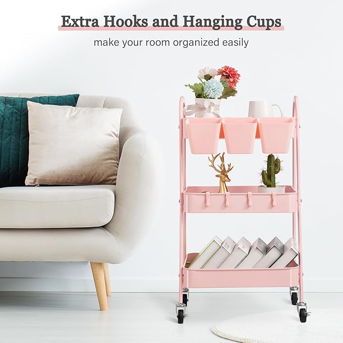 Danpinera 3-Tier Rolling Cart, Metal Storage Cart with Lockable Wheels, Hanging Cups & Hooks, Mobile Trolley for Kitchen, Bathroom, Office, Workshop, Pink