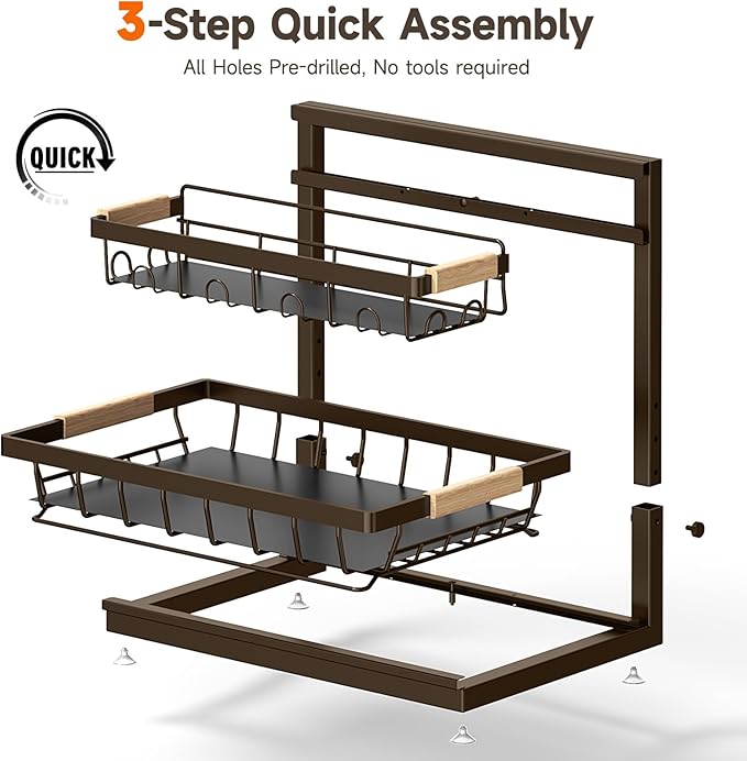 2 Packs Under Sink Organizer, High Adjustable 2 Tier Under Kitchen sink organizer, Multi-Purpose Storage Shelf for Kitchen Bathroom Cabinet (Brown)