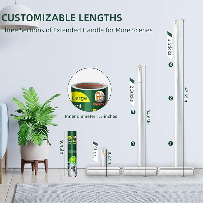 Large Lint Rollers for Pet Hair, Floor Lint Roller with 9.45 in Giant Lint Roller Refill 360 Sheets Total, Extendable Handle Sticky Rollers for Floor, Carpet, Furniture, Clothing & Couch (White)