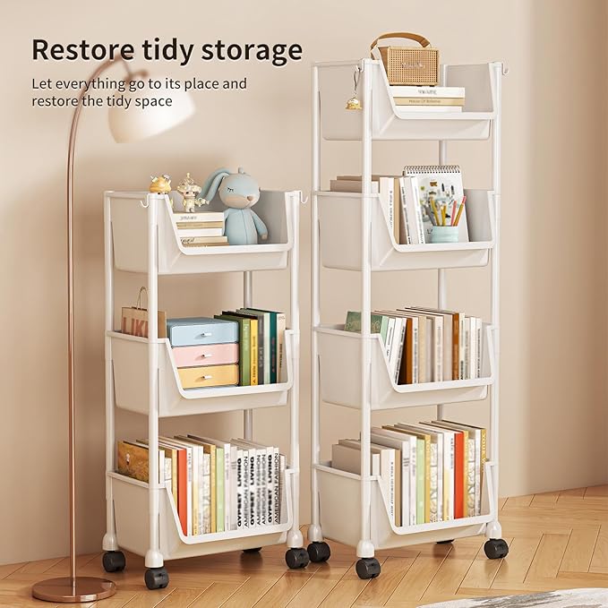 3 Tier Rolling Utility Cart with Wheels, Plastic Multi-Functional Trolley Carts Lockable Casters, Movable Storage Organizer for Kitchen Bathroom Laundry Dorm Living Room, White