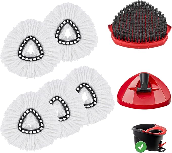 Mop Head Replacement Pads Compatible with O-Cedar EasyWring 1 Tank Triangle Mop,5 Spin Mop Head Refill Replacement,One Upgraded Scrub Brush & One Base for Deep Clean