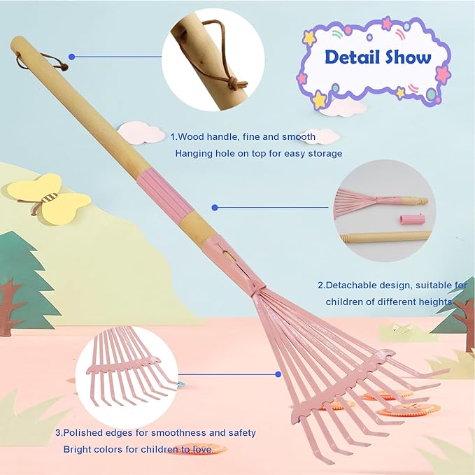 Kids Leaf Rake-Small Wooden Handle Leaf Rake with Metal Tines, 27inches /69cm Length, for Kids Enjoy Garden Cleaning Activities (Pink)