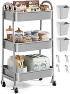 Gray 3 Tier Rolling Storage Cart on Wheels, Sturdy Metal Organizer Cart with Wheels and Handle, Three Tiered Utility Carts for Book, Art, Craft, Snack, Cleaning, Kitchen, Easy Assembly, Mesh Shelves