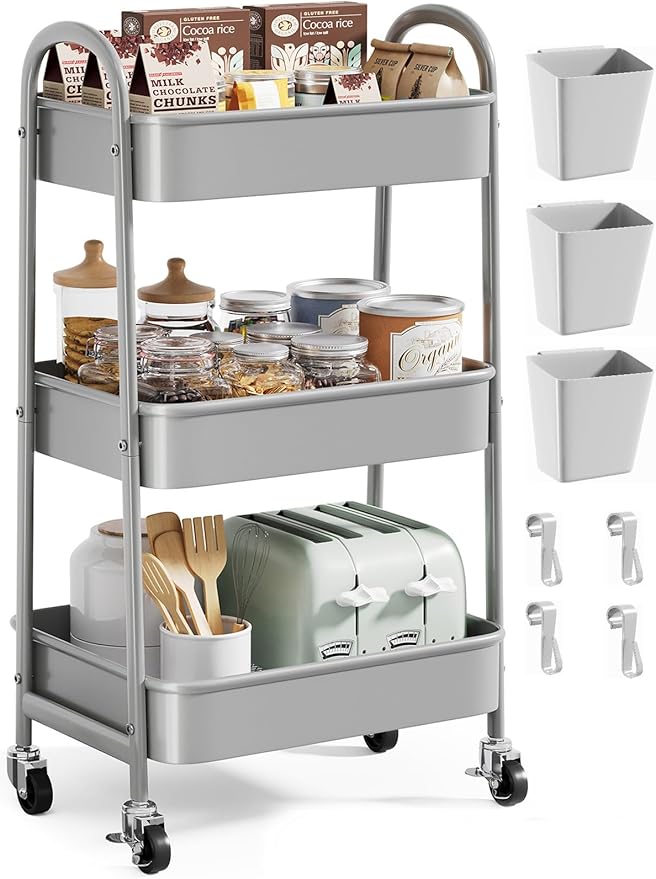Gray 3 Tier Rolling Storage Cart on Wheels, Sturdy Metal Organizer Cart with Wheels and Handle, Three Tiered Utility Carts for Book, Art, Craft, Snack, Cleaning, Kitchen, Easy Assembly, Mesh Shelves